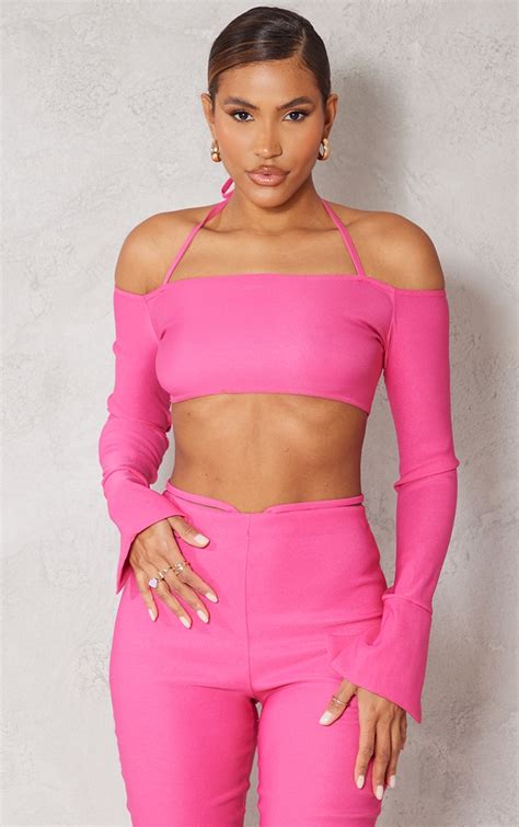 Hot Pink Stretch Woven Halterneck Bardot Crop Top Prettylittlething