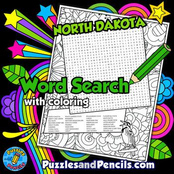 North Dakota Word Search Puzzle Activity Page With Coloring Us States