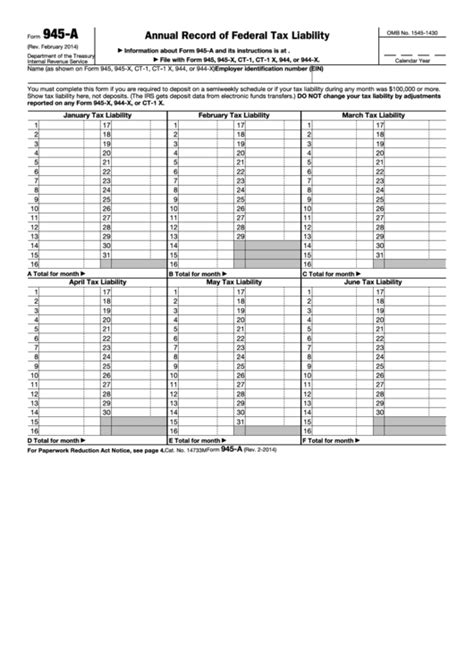 Fillable Form A Annual Record Of Federal Tax Liability Printable