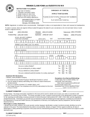 Fillable Online WINNER CLAIM FORM And SUBSTITUTE W 9 Lottery Net Fax