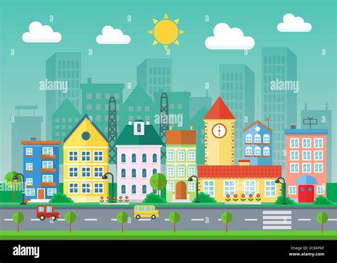 Vector Urban Landscape Flat Illustration Village Buildings And