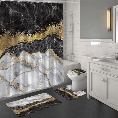 Black Gold Marble Shower Curtain Set Bath Mats Rugs Crack Ink Texture