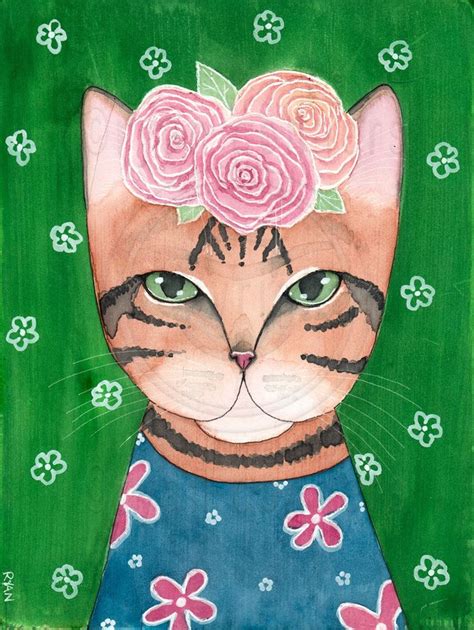 Frida Catlo Original Watercolor On Wood Cat Folk Art Painting By