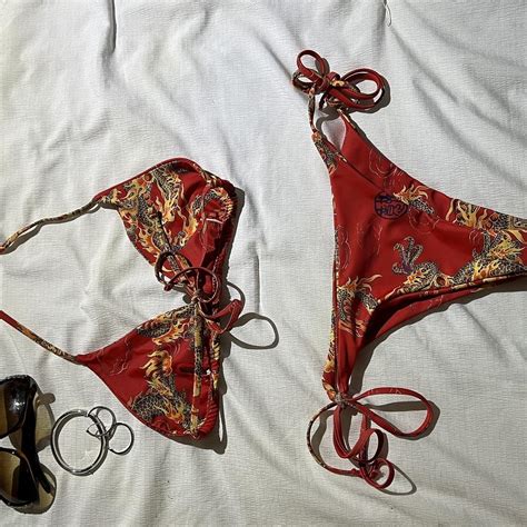 Red And Gold Dragon Bikini Fits Small Large Only Depop