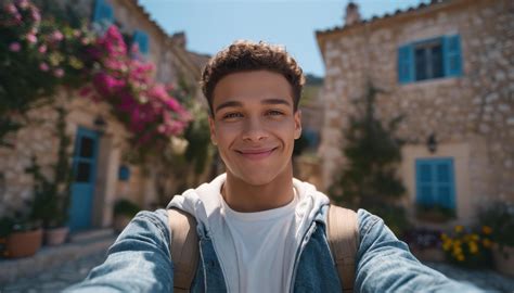 Young man exploring picturesque village travel photography daytime