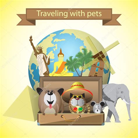 Travel Pets Vector Illustration With Petssuitcase And World Landmarks