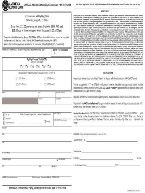 2016 Akc Act Entry Form Pdf American Kennel Club Dogs