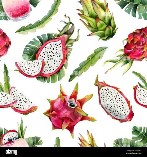 Pink Red Pitaya Watercolor Dragon Fruits And Tropical Leaves Seamless