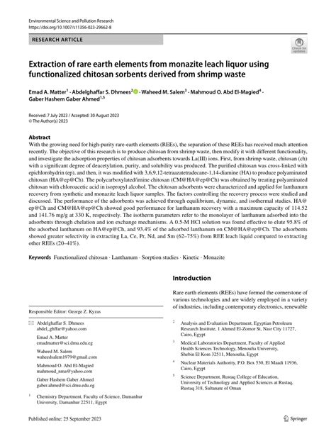 Pdf Extraction Of Rare Earth Elements From Monazite Leach Liquor