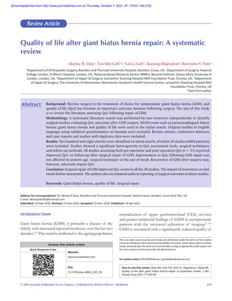 Pdf Quality Of Life After Giant Hiatus Hernia Repair A Systematic Review