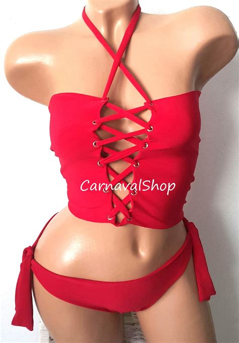 Red Lace Up Bikini Set Etsy