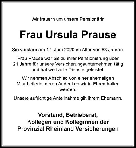 Alle Traueranzeigen F R Ursula Prause Trauer Rp Online De