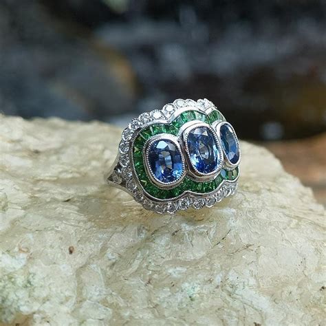 Blue Sapphire With Tsavorite And Diamond Ring Set In 18 Karat White