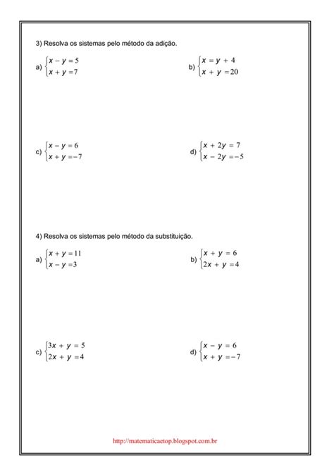 Lista de exercícios sistema de equações do 1 grau PDF