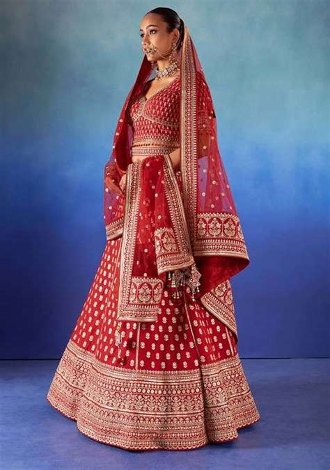 Buy Women Red Zari Embroidered Silk Bridal Lehenga And Blouse Set With