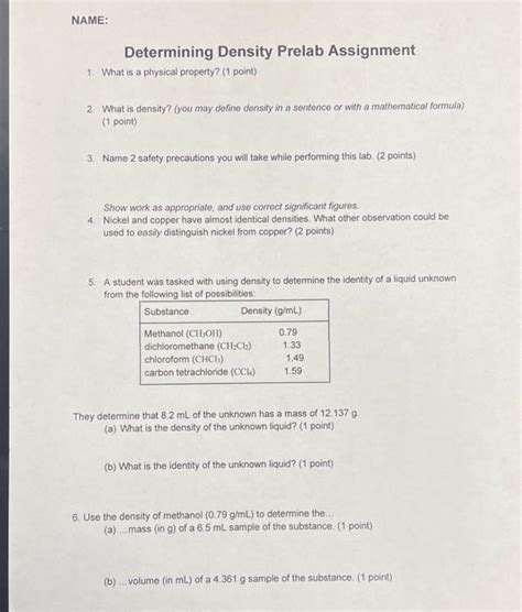 Solved NAME: Determining Density Prelab Assignment 1. What | Chegg.com 