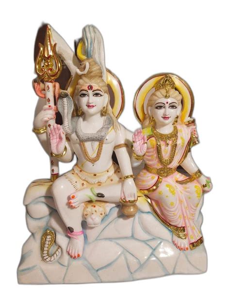 White And Golden Painted Lord Shiv Parvati Marble Statue For Worship