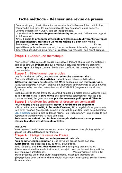 Fiche Methode Revue De Presse Hggsp