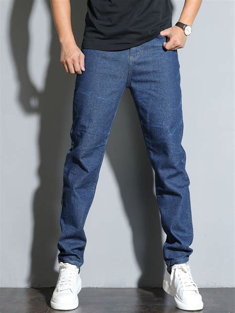 Men Solid Pocket Detail Washed Tapered Jeans Jeans Outfit Men Blue