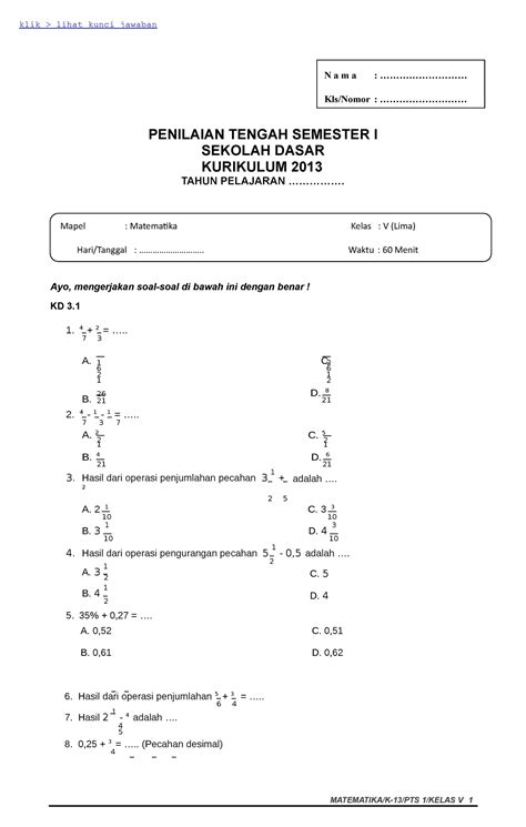 Naskah Pts Kelas 5 Semester 1 Matematika Klik Lihat Kunci Jawaban Matematikak 13pts 1