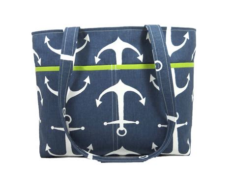 Blue Anchor Tote Bag, Double Strap, Shoulder Bag, for Women, Blue Green Pocketbook, Nautical ...