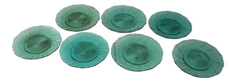 Clear Green Glass Plates - Set of 7 | Chairish