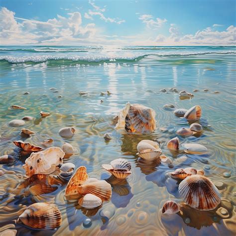 Premium AI Image | illustration of Glassy beach horizon sea shells