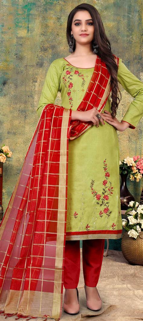 Festive Party Wear Green Color Cotton Fabric Salwar Kameez 1744247