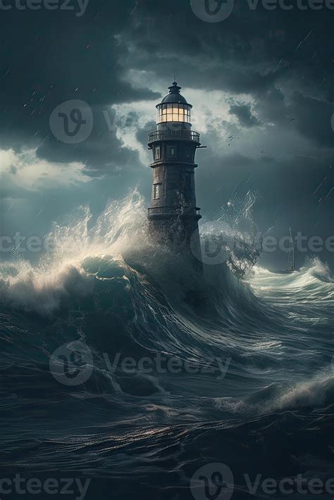 illustration of lighthouse on a rain and storm filled and giant waves