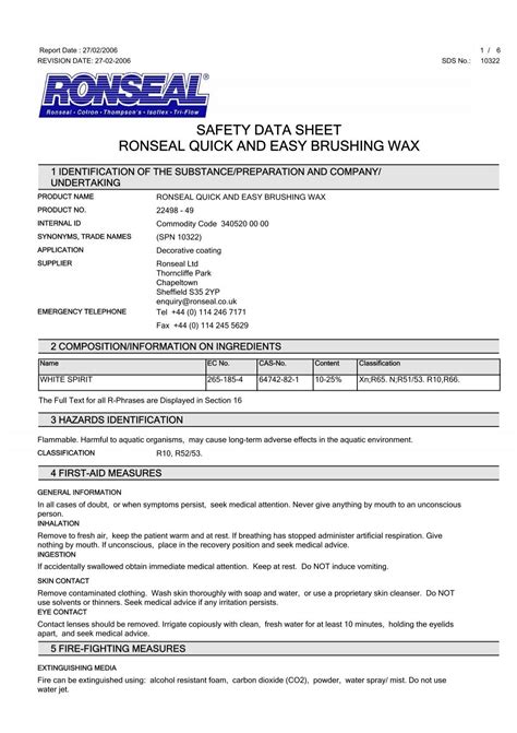 Safety Data Sheet Ronseal Quick And Easy Brushing Wax Toolbank