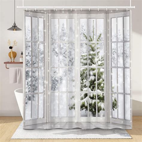 Jbralid Christmas Tree Shower Curtain Natural Winter Forest Snowflake