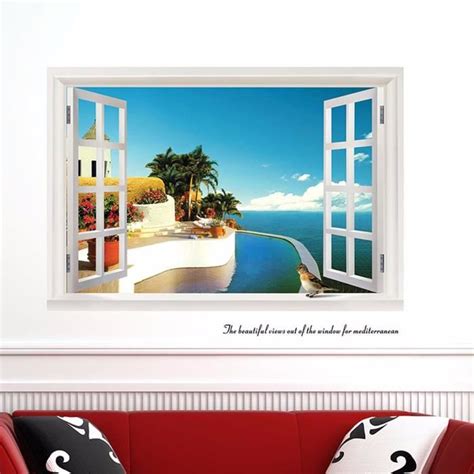 D Sticker Mural Fen Tre Oc An Paysage Mur D Coration Autocollant