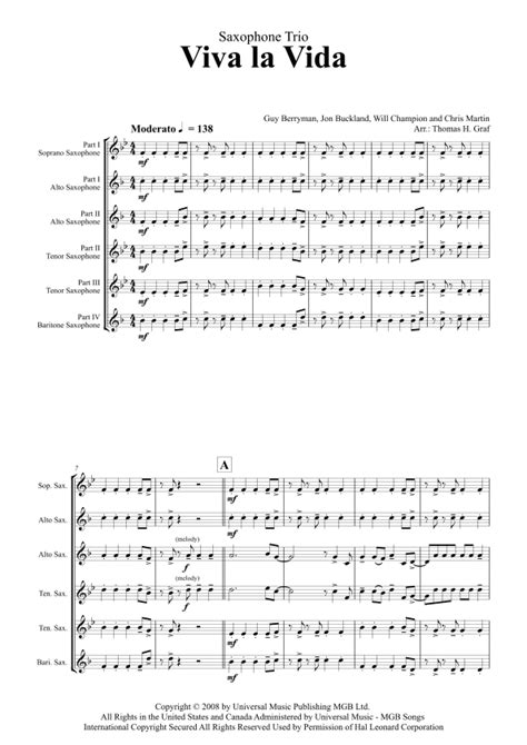 Viva La Vida Arr Thomas Graf By Coldplay Sheet Music For Woodwind