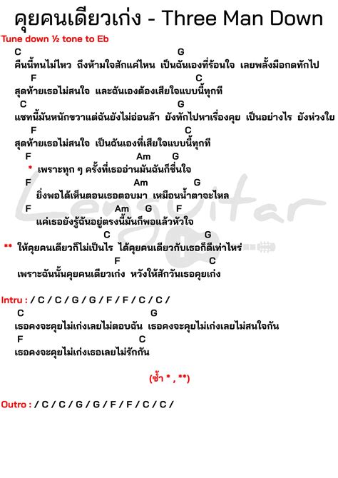 คอร์ดเพลง คุยคนเดียวเก่ง Three Man Down [คอร์ดง่ายๆ] Lenguitar