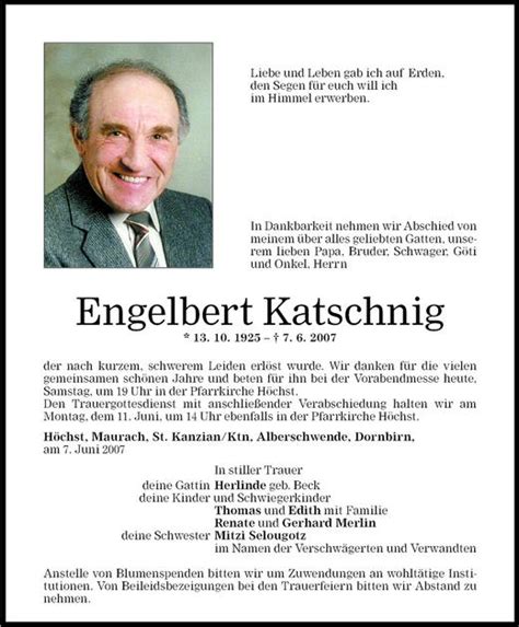 Todesanzeigen Von Engelbert Katschnig Todesanzeigen Vorarlberger