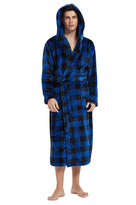 U2skiin Mens Fleece Robe With Hood Soft Bathrobe Plush Robes For Men（buffalo Plaid Royal Blue