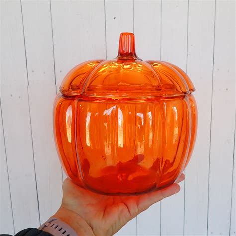 Vintage Orange Glass Pumpkin Jar Canister Candy Dish Bowl With Lid Halloween Thanksgiving Decor