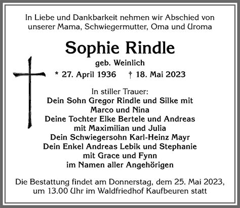 Traueranzeigen Von Sophie Rindle Augsburger Allgemeine Zeitung