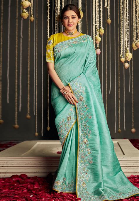 Kajal Aggarwal Silk Bollywood Saree In Sea Green Colour 5225