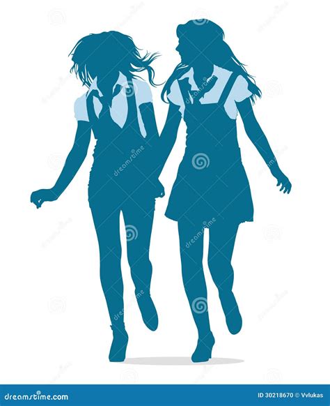 Silhouettes Of Teenage School Girls Running Togeth Stock Vector