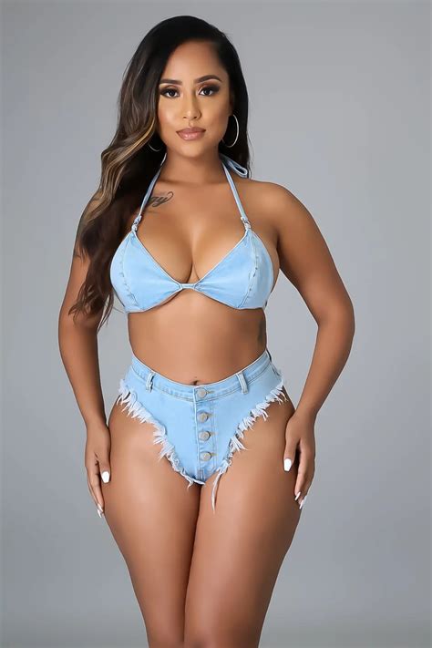 Sexy Jeans Bikini Set With Lace And Fringes Denim Pieces Suit Buy Jeans Bikini Set Denim