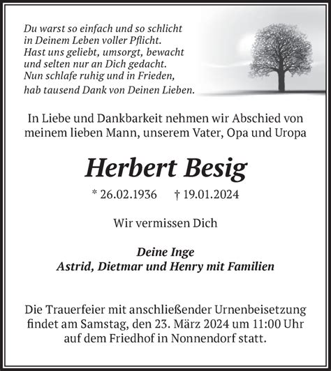 Traueranzeigen von Herbert Besig Märkische Onlinezeitung Trauerportal