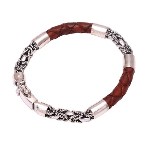 Men's Sterling Silver and Leather Bracelet in Brown - Strong Bond in Brown | NOVICA