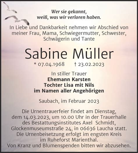 Traueranzeigen Von Sabine M Ller Abschied Nehmen De