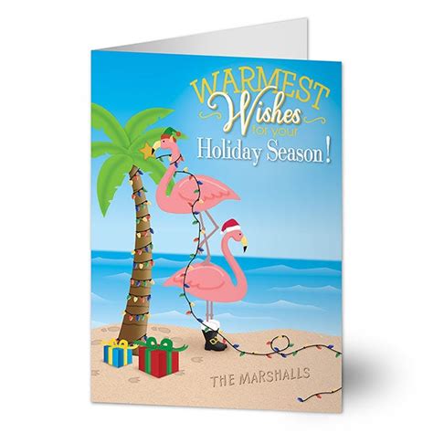 Personalized Tropical Beach Christmas Cards Warmest Wishes Flamingos