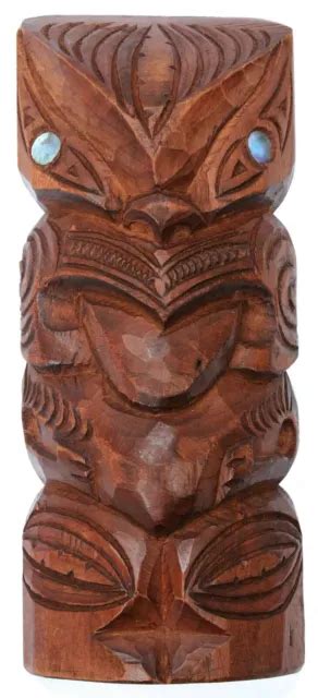 VINTAGE HAND CARVED Wooden Maori Tiki New Zealand Wood Paua Shell