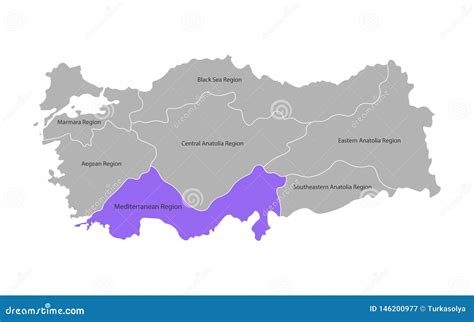 Vector Isolated Simplified Map Of Turkey Regions Marked Mediterranean