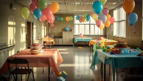 Colorful birthday party indoors with balloons, decorations, and ...