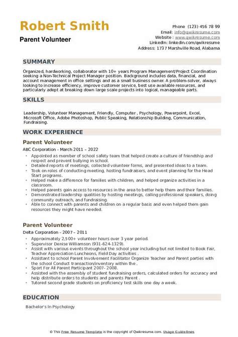 Parent Volunteer Resume Samples Qwikresume