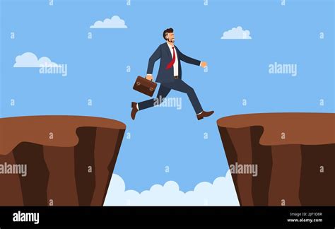 Businessman Jump Through The Gap Obstacles Between Hill Success